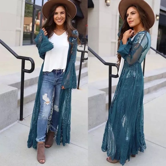 Tops - SOLD OUT Teal Eyelash Lace Bohemian Long Kimono Duster Wrap Coverup